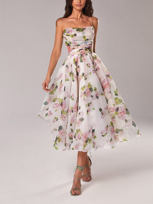 Segolene | Floral Wedding Guest A-Line Midi Dress with Spaghetti Straps for Women