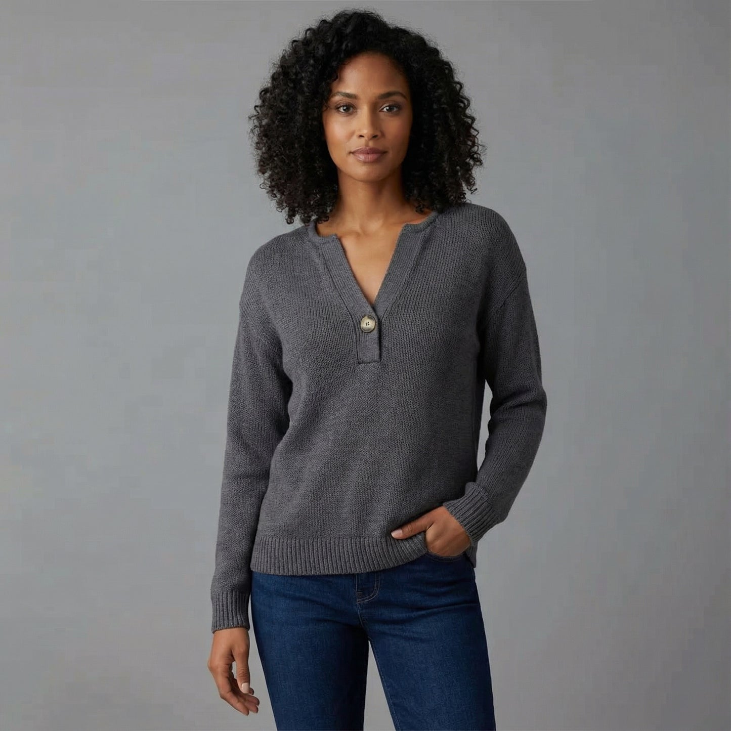 Elara Buttoned V-Neck Knit Top