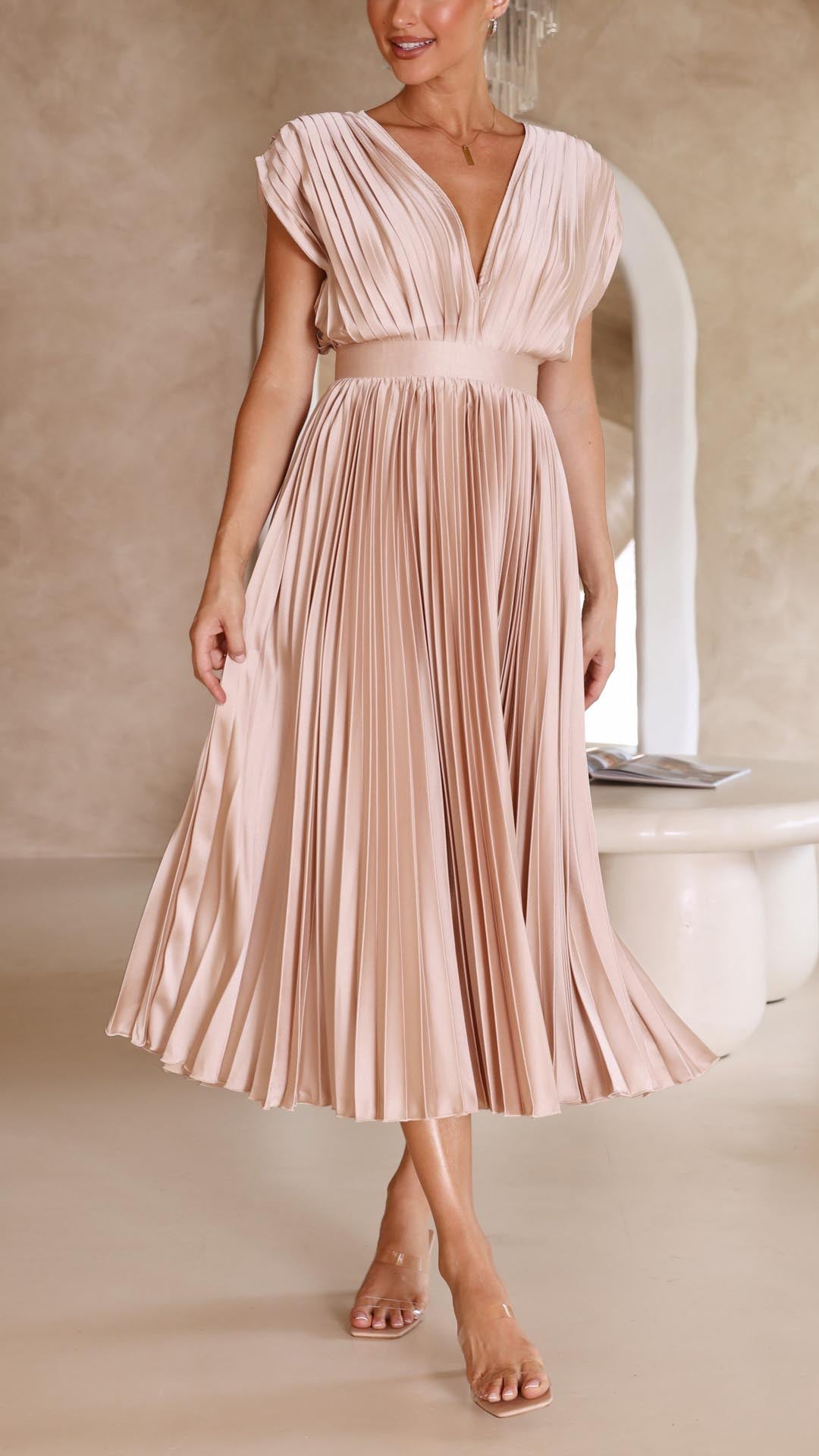 Kaitlyn | Pleated V-Neck Midi Wedding Guest Dress