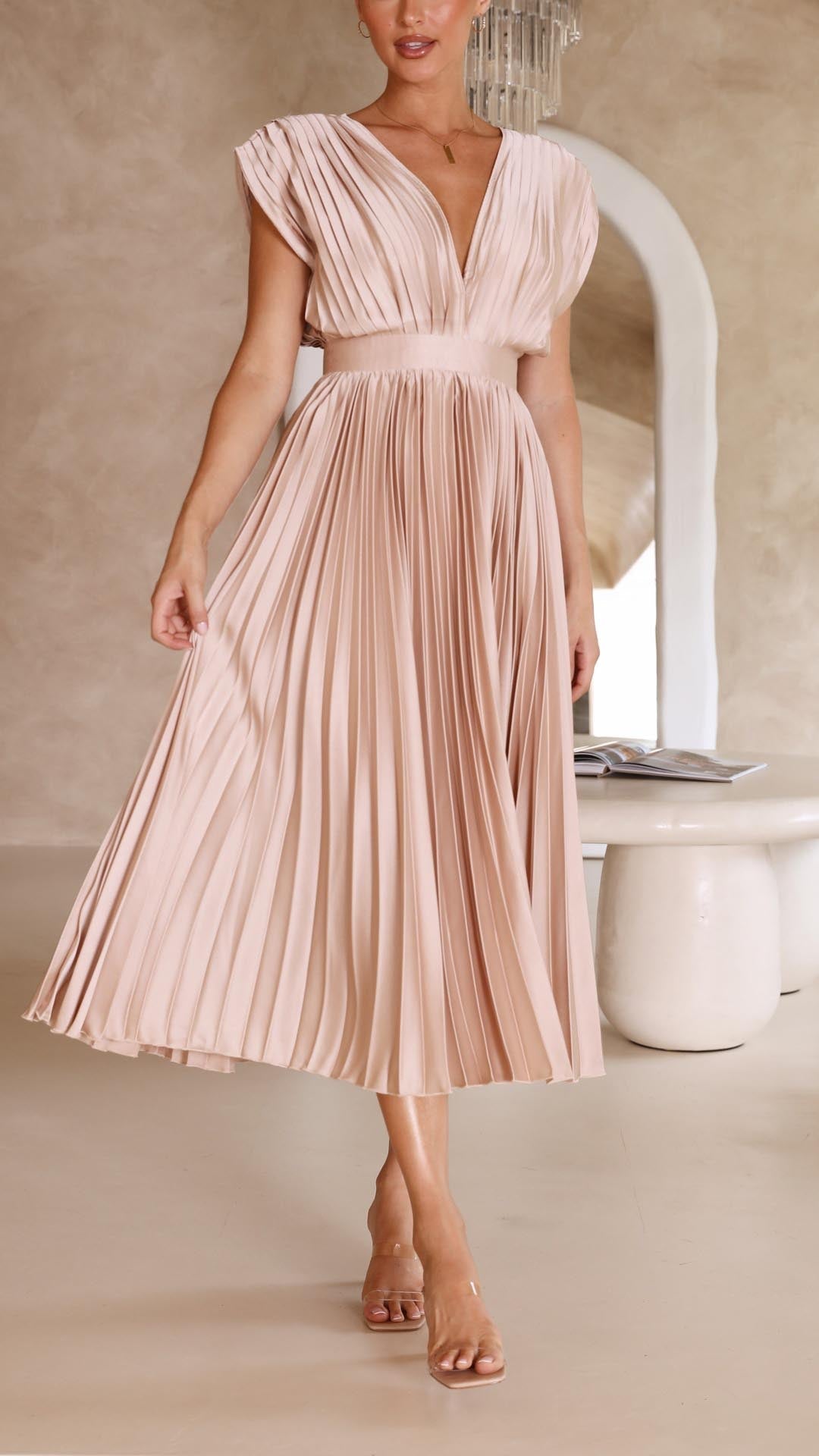 Kaitlyn | Pleated V-Neck Midi Wedding Guest Dress